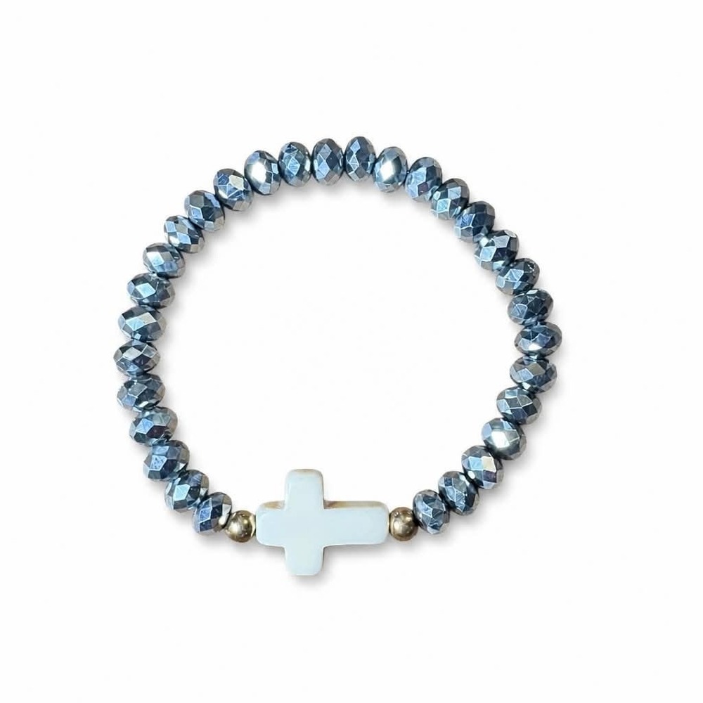 Faceted Silver Plastic Bead Cross Stretch Bracelet Faith Jewelry Gift Pouch NEW